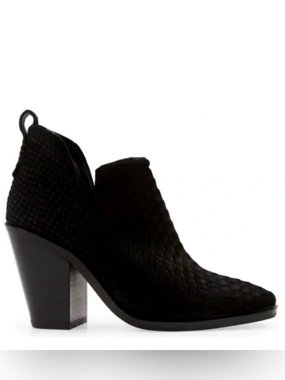 JEFFREY CAMPBELL Rosee Bootie Black Snake Embossed Suede 7 MSRP $170